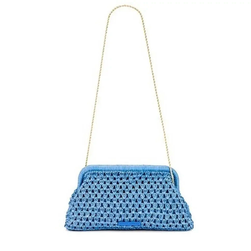 LOEFFLER RANDALL Light Blue Crochet Trudie Frame Gold Chain Clutch Purse Bag